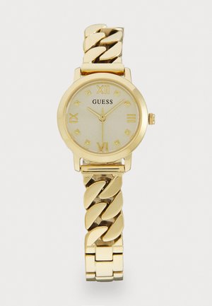 Montre dorée avec un cadran rond, des chiffres romains et un bracelet à maillons à motifs. Présente une texture lisse et un design minimaliste.
