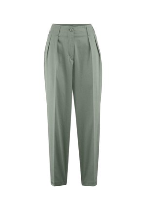 Lichtgroene op maat gemaakte broek met plooien, een knoopsluiting in de taille en een gladde textuur. Kenmerkt zich door een rechte pijp.