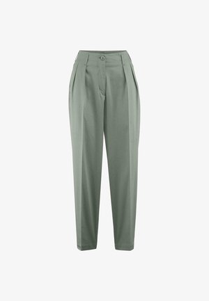 Hellgrüne, maßgeschneiderte Hose mit Falten, einem Knopfverschluss in der Taille und einer glatten Textur. Sie verfügt über einen geraden Bein Design.