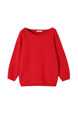 Pull en tricot rouge avec un col large, des manches longues et une texture à pois décoratifs sur les manches. Tissu doux et poignets côtelés à l'ourlet.