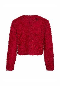 Veste rouge courte à manches longues, avec un design d'appliqué floral texturé. Fabriquée dans un tissu ressemblant à des pétales doux.