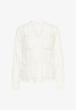 Biela čipkovaná blúzka s dlhými rukávmi, výstrihom do V, zložitými vyšívanými vzormi a gombíkovými detailami na manžetách. Ľahký, štruktúrovaný materiál.