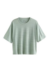 Mintgroene t-shirt met korte mouwen en een ronde hals. Zachte, gestructureerde stof met subtiele horizontale strepen. Losse, cropped pasvorm.