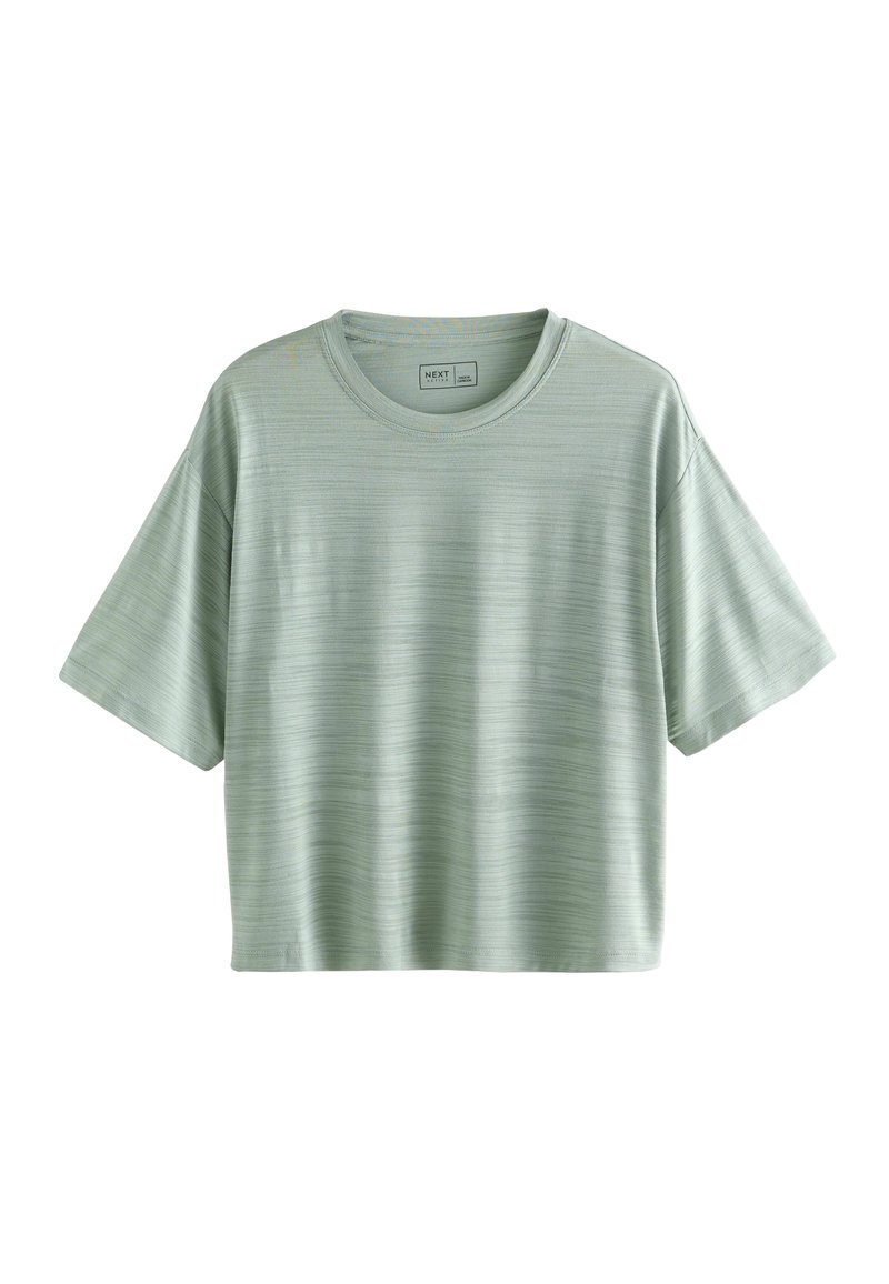 Mintgroene t-shirt met korte mouwen en een ronde hals. Zachte, gestructureerde stof met subtiele horizontale strepen. Losse, cropped pasvorm.