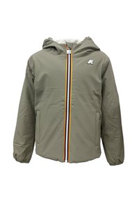 Giacca verde oliva con cappuccio e zip frontale, caratterizzata da una striscia multicolore e da un piccolo logo sul lato sinistro. Due tasche laterali.