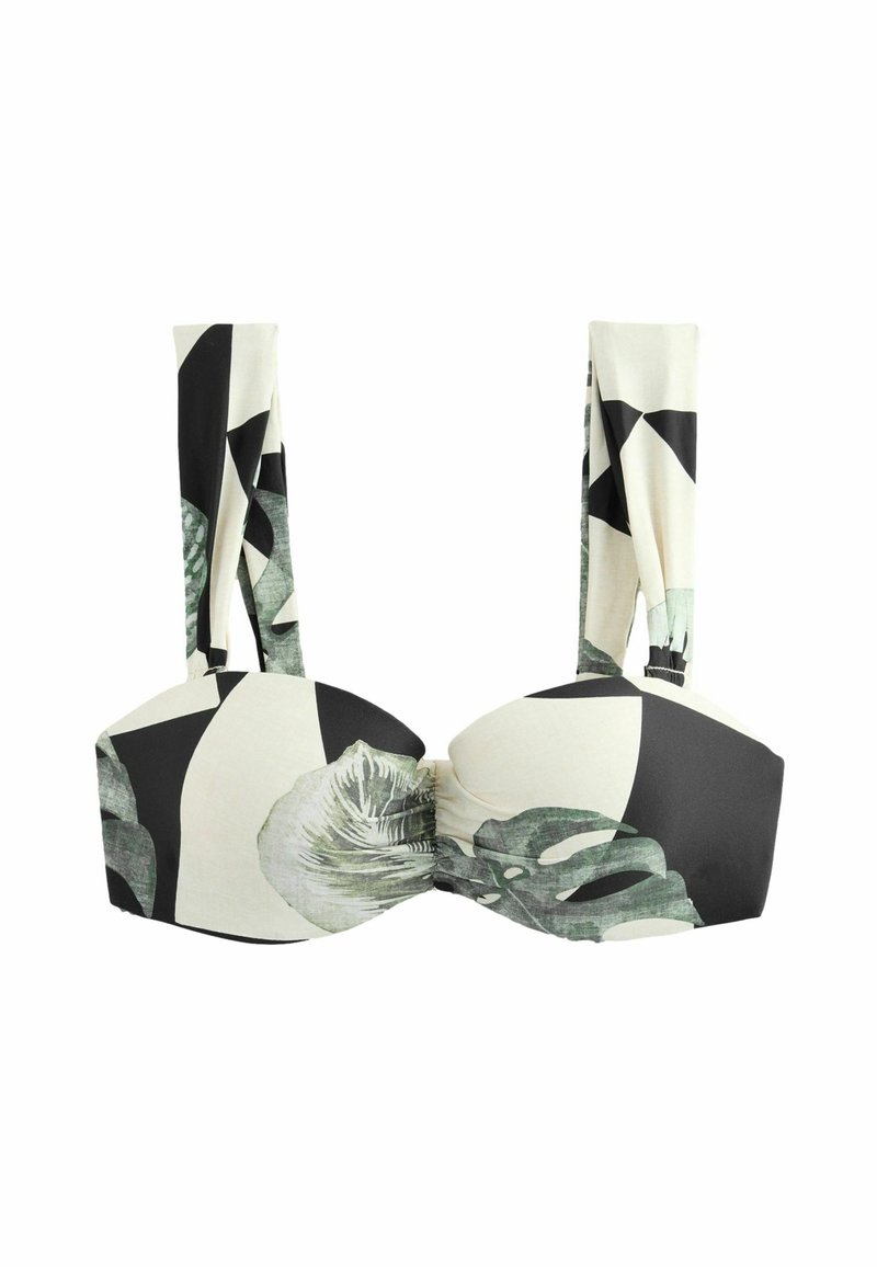 Bikini top met een bloemenpatroon en zwarte en crèmekleurige geometrische patronen, van zacht materiaal, met brede bandjes die aan de schouders zijn vastgebonden, en gerimpelde details.