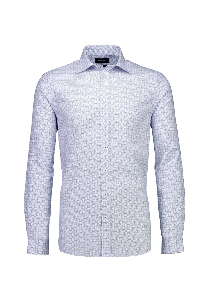Camicia azzurro chiaro a maniche lunghe con motivo geometrico, caratterizzata da un colletto con bottoni e una pattina frontale con bottoni bianchi. Tessuto dalla texture liscia.