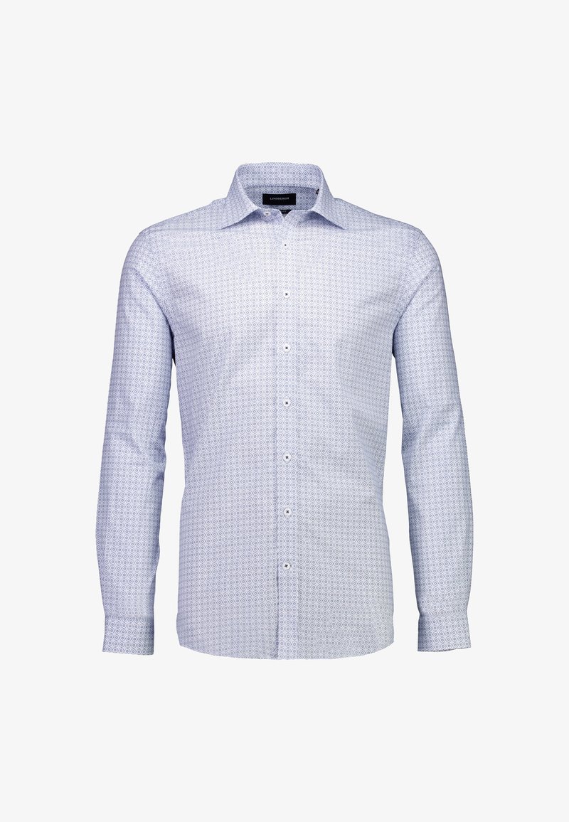 Camicia azzurro chiaro a maniche lunghe con motivo geometrico, caratterizzata da un colletto con bottoni e una pattina frontale con bottoni bianchi. Tessuto dalla texture liscia.