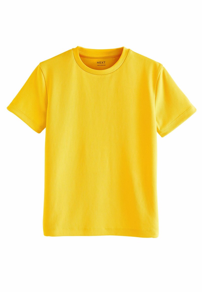 Gul kortærmet T-shirt lavet af struktureret stof. Den har rund halsudskæring, lige søm og ingen synlige logoer eller mønstre.