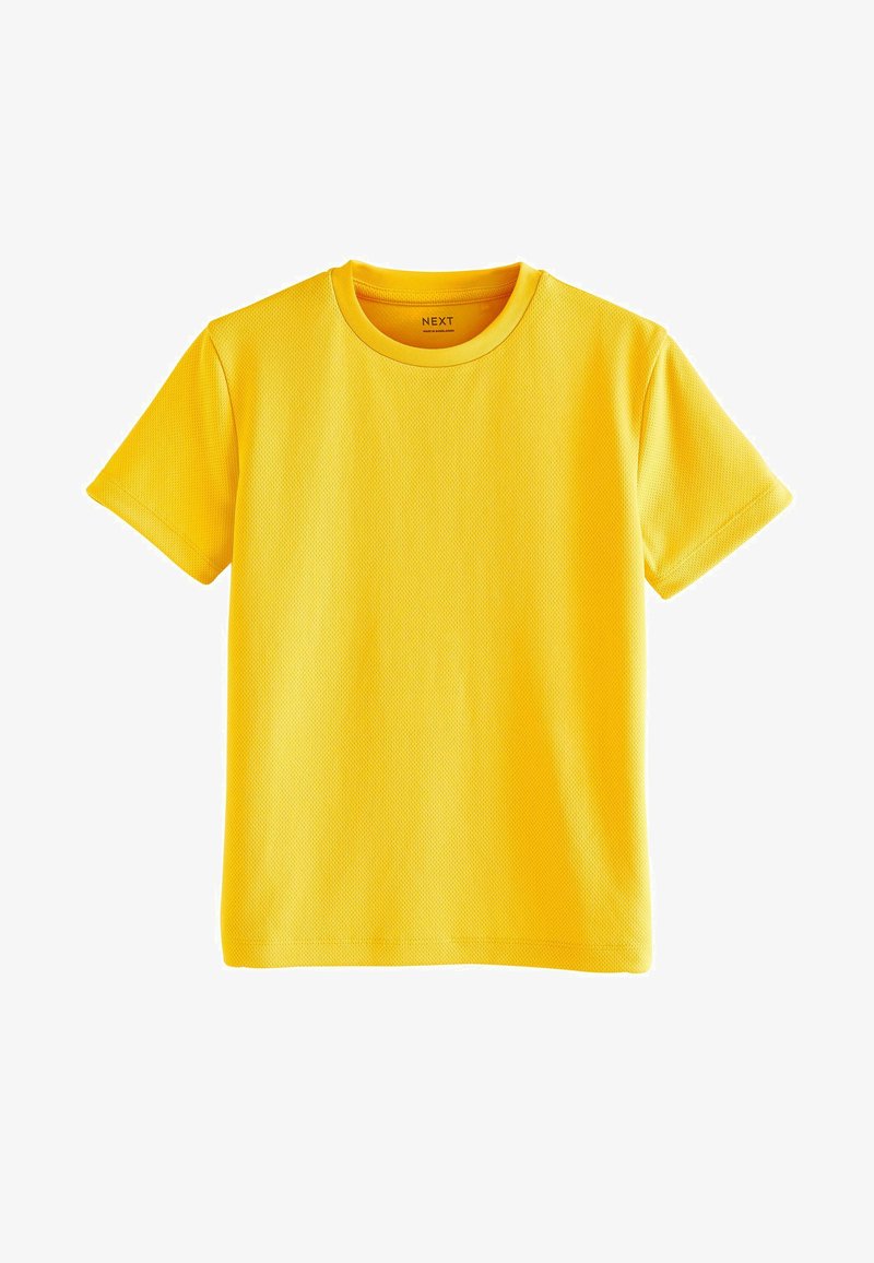 Gul kortærmet T-shirt lavet af struktureret stof. Den har rund halsudskæring, lige søm og ingen synlige logoer eller mønstre.