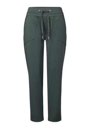 Dunkelgrüne, schmal zulaufende Jogginghosen mit einem Kordelzugbund, zwei Fronttaschen und einer glatten, leichten Stofftextur.