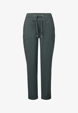 Tummanvihreät, kapeat verkkarit, joissa on nyöri vyötäröllä, kaksi etutaskua ja sileä, kevyesti kudottu kangas.