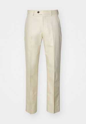 Beige maßgeschneiderte Hose mit geradem Bein, aus leichtem Stoff, mit einem einzigen Knopfverschluss vorne und Seitenpassentaschen.