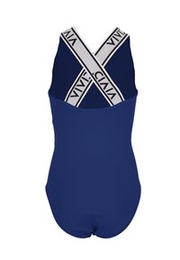Marinefarbener Badeanzug mit einem Kreuzrücken-Design, das breite weiße Bänder mit der Aufschrift "VIVIA" aufweist. Flauschiger Stoff mit einer eleganten Silhouette.