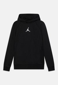 Sudadera negra con un bolsillo canguro, hecha de material suave. Presenta un logo de Jumpman blanco en el pecho y puños y dobladillo acanalados.