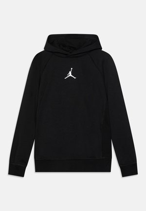 Felpa nera con cappuccio e tasca a marsupio, realizzata in materiale morbido. Presenta un logo Jumpman bianco sul petto e polsini e orlo a costine.
