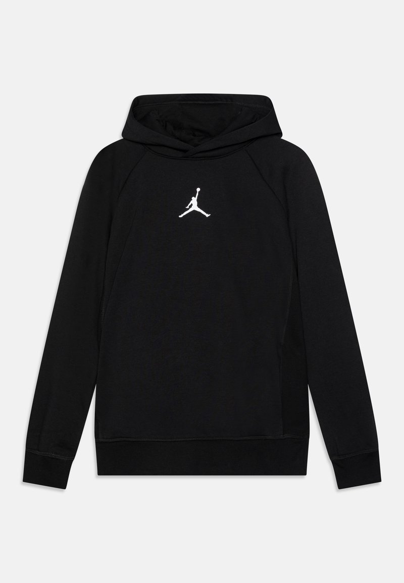 Sudadera negra con un bolsillo canguro, hecha de material suave. Presenta un logo de Jumpman blanco en el pecho y puños y dobladillo acanalados.