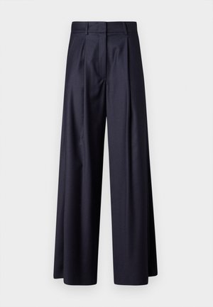 Pantalones de pernera ancha en tejido azul marino oscuro, con pliegues, una textura suave, un diseño ajustado y una cintura alta.