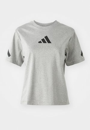 Grå crew-neck t-shirt lavet af blødt stof, med et sort Adidas-logo på brystet og sorte accenter på ærmerne.