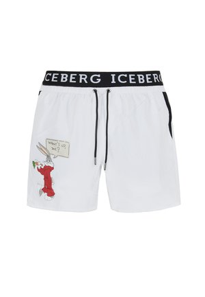 Pantaloni da bagno bianchi con una vita elastica nera che presenta il nome del marchio "ICEBERG." Include un design con un personaggio dei cartoni e dettagli testuali.