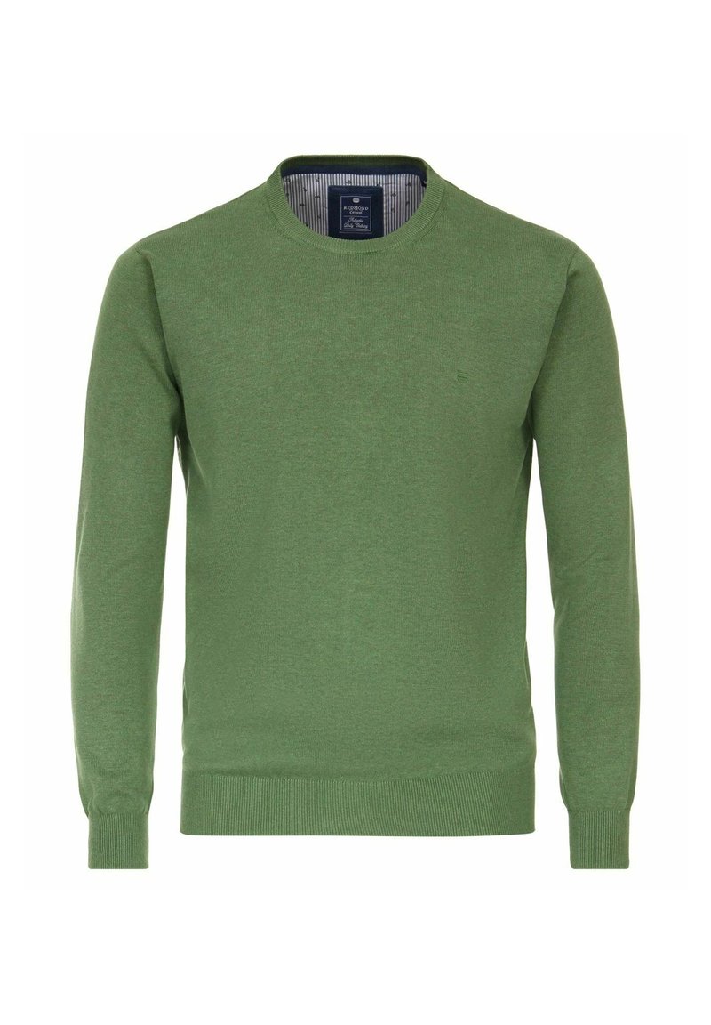 Grüner Rundhalsausschnitt-Pullover aus weicher Baumwolle, mit langen Ärmeln und gerippten Bündchen und Saum. Innen hat er ein kontrastierendes gestreiftes Muster.