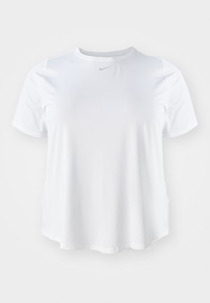 Tricou alb cu mânecă scurtă, realizat dintr-un material neted, având un guler rotund și un mic logo gri pe piept. Bază dreaptă cu slituri laterale.