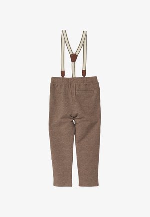 Braune Hosen mit Fischgrätenmuster, verstellbaren beigen Hosenträgern und braunen Lederakzenten. Mit einer Gesäßtasche und einem elastischen Bund ausgestattet.