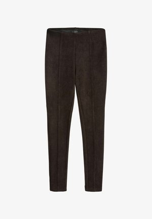 Sötétbarna, fitted kordbársony nadrág magas derékkal és függőleges varrás részletekkel minden láb elején.