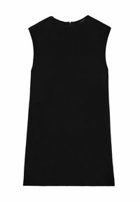 Robe noire sans manches, coupe droite, col montant, fermeture éclair dissimulée dans le dos, longueur au genou, design minimaliste.