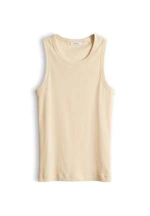 Beige geribbeld mouwloos tanktopje met ronde hals, plat gelegd op een witte achtergrond.