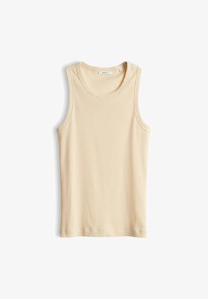 Beige geribbeld mouwloos tanktopje met ronde hals, plat gelegd op een witte achtergrond.
