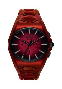 Red Diesel wristwatch with metallic finish, black hour markers, three subdials, and black buttons on the side.