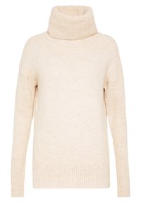 Helle beige Strickjacke mit hohem, geripptem Rollkragen, überschnittenen Schultern sowie gerippten Bündchen und Saum. Weiche Textur, lässige Passform, minimale Details.