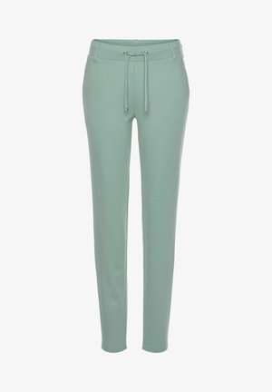 Lichtgroene, rekbare broek met een koord in de taille. Slim fit en een gladde textuur, met metalen accenten aan de uiteinden van het koord.