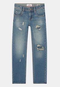 Siniset kulutetut farkut, joissa on viisi taskua, revittyjä yksityiskohtia lahkeissa ja Vingino-logo-ompelus vyötäröllä.