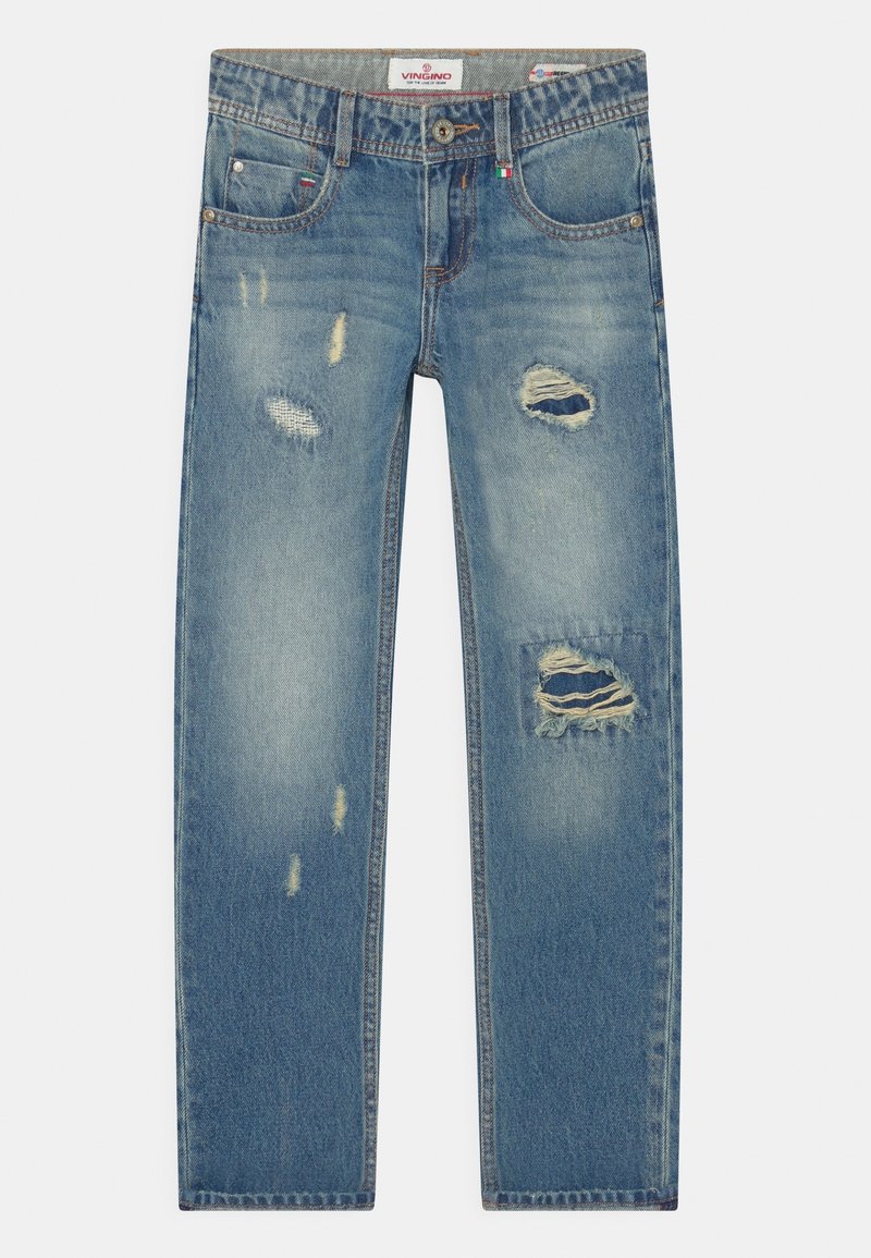 Siniset kulutetut farkut, joissa on viisi taskua, revittyjä yksityiskohtia lahkeissa ja Vingino-logo-ompelus vyötäröllä.