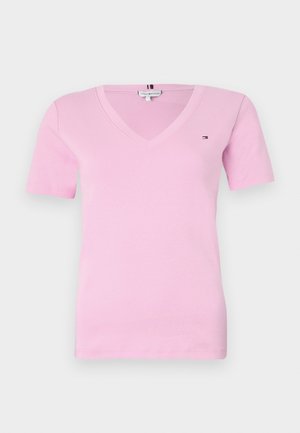Light pink short-sleeve V-neck T-shirt with a small logo on the left chest and a branded tag inside the collar.