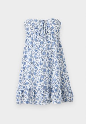 Valget koodud kleit sinise lillemustriga, volditud äärte ja esi-litsiga, disainitud lõdva ja voolava lõikega.