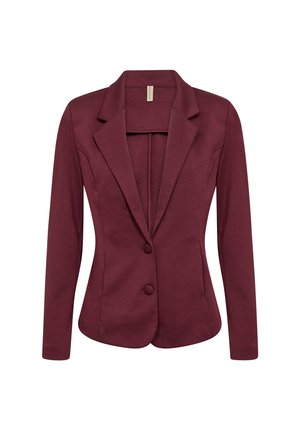 Frauenschnittherbstblazer in Burgunderrot mit zwei stoffbezogenen Knöpfen, Reverskragen und langen Ärmeln auf weißem Hintergrund.