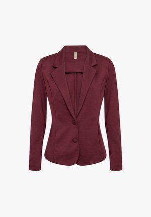 Women’s fitted burgundy blazer with two fabric-covered buttons, notch lapels, and long sleeves on a white background.