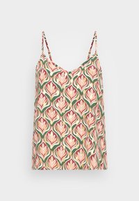 Ärmlös damtopp med spaghettiband, prydd med ett blommigt geometriskt mönster i grönt, rött, rosa och guld på en ljus bakgrund.