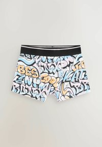 Boxers šortai su grafiti stiliaus raštu juodos, mėlynos, oranžinės ir baltos spalvų. Elastinga juosta su dviem juodomis juostelėmis. Minkšta medžiaga.