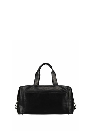 Sac polochon en cuir noir avec double poignée et grande poche avant, présenté sur fond blanc.