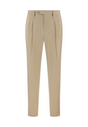 Beige, maßgeschneiderte Hose mit vorderen Falten, Gürtelschlaufen, Knopfverschluss und schmal zulaufenden Beinen.