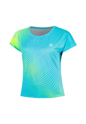 Kurzärmeliges Sportshirt in Blau und Grün mit wellenförmigem weißem Linienmuster und kleinem rundem Logo auf der Brust.