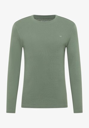 Long-sleeve shirt in a muted green color, made of soft fabric with a crew neck and a small logo on the chest. Smooth texture, simple design.