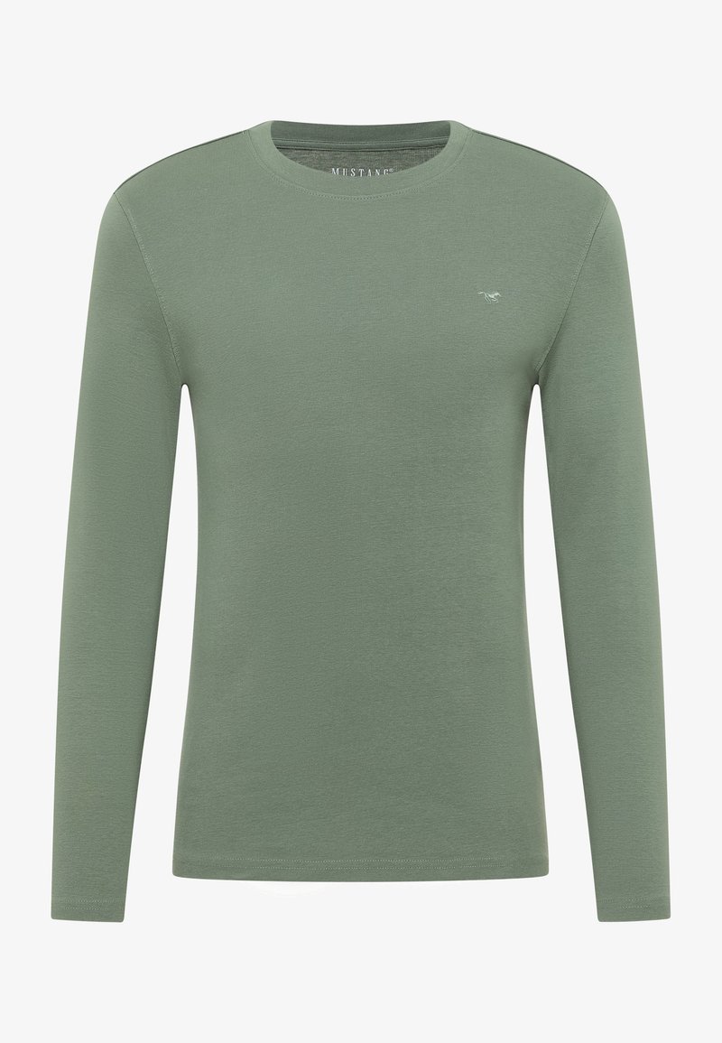 Long-sleeve shirt in a muted green color, made of soft fabric with a crew neck and a small logo on the chest. Smooth texture, simple design.