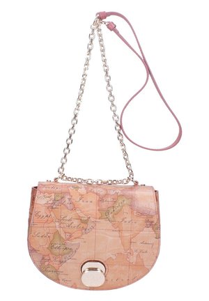 Borsa a tracolla con motivo mappa, dotata di chiusura metallica, catena e tracolla in pelle. Presenta una forma arrotondata e una texture morbida in tonalità calde.