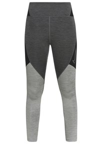 Legginsy z wysokim stanem w połączeniu ciemnoszarego i jasnoszarego, z geometrycznym wzorem i oddychającego materiału z czarnym akcentem.