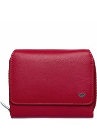 Portefeuille en cuir rouge avec une surface texturée, fermeture zippée et accent en métal. Il présente une forme rectangulaire compacte.